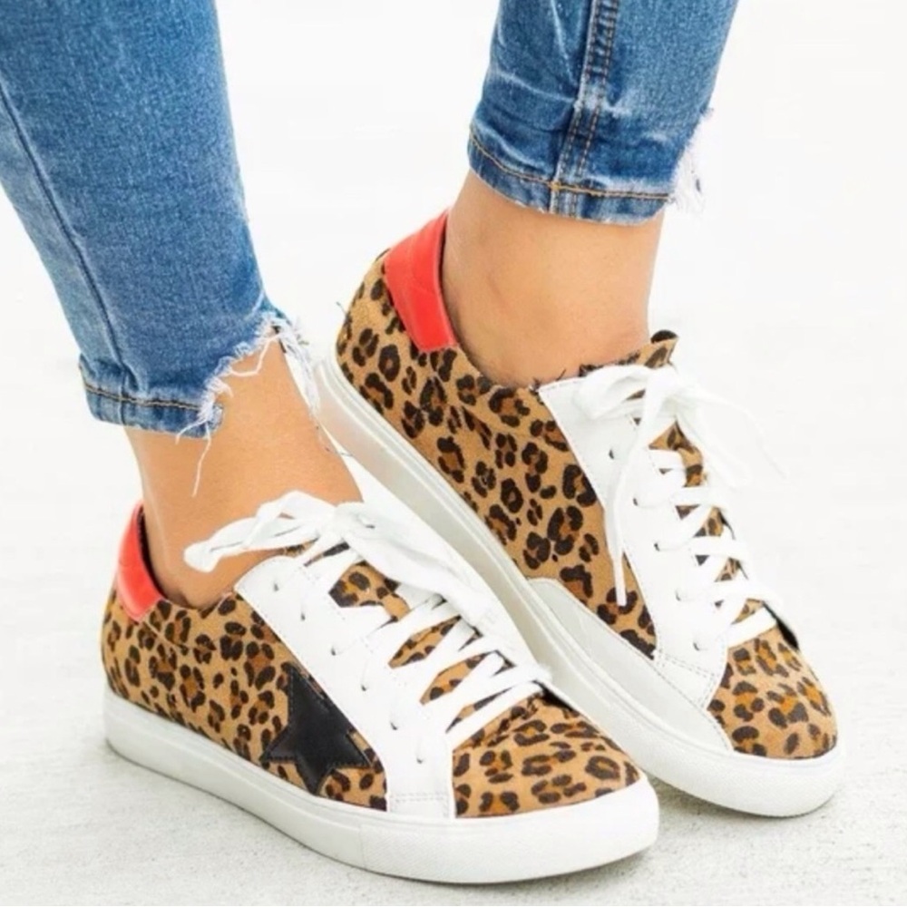 Leopard Print Women's Sneakers with Red Accent